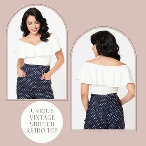 Unique Vintage Stretch Retro Ruffle Top White Size M